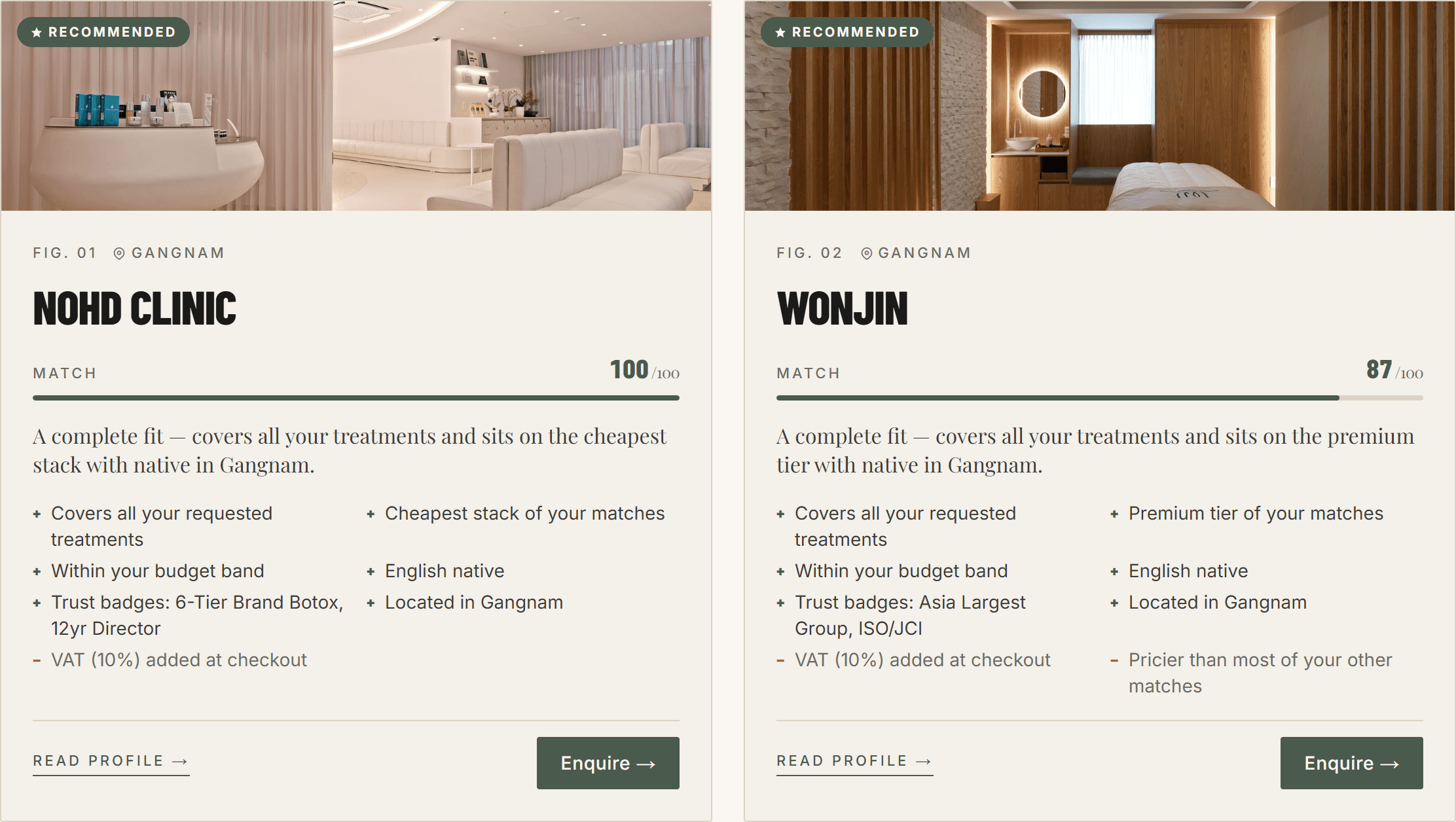 Two matched Seoul clinics with match scores and reasons